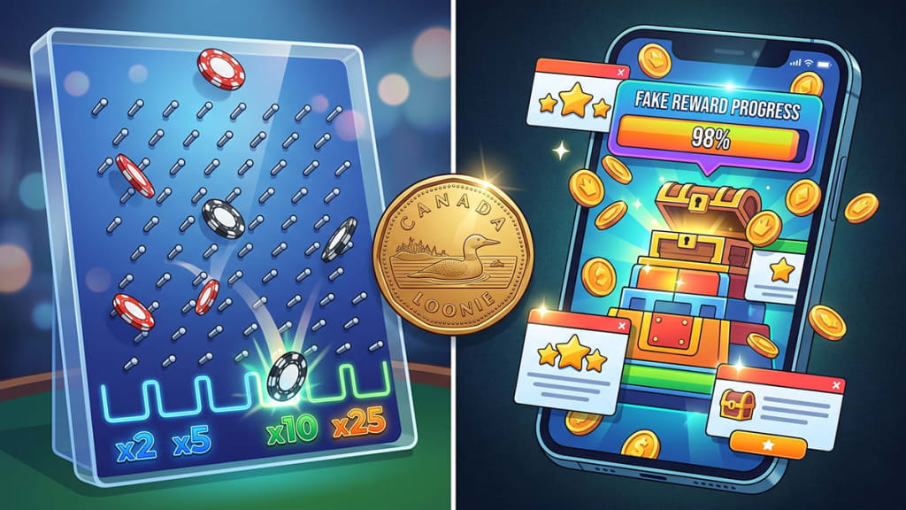 Is Plinko legit graphic comparing licensed casino Plinko game board with scam mobile app on phone